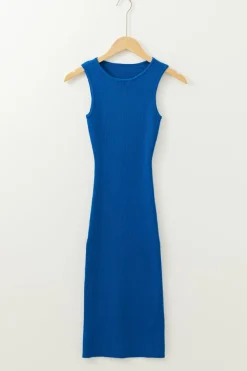Online Dear-Lover Solid Ribbed Knit Sheath Sleeveless Midi Sweater Dress Dark Blue