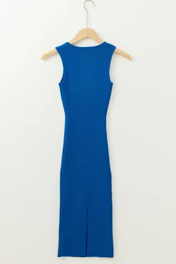 Online Dear-Lover Solid Ribbed Knit Sheath Sleeveless Midi Sweater Dress Dark Blue