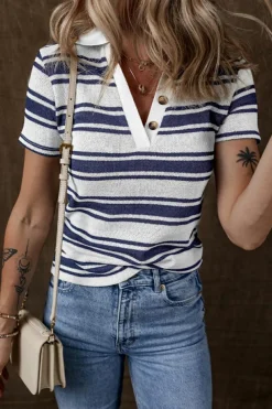 Hot Dear-Lover Stripe Collared Button V Neck Knitted T Shirt Dark Blue