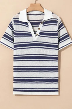 Hot Dear-Lover Stripe Collared Button V Neck Knitted T Shirt Dark Blue
