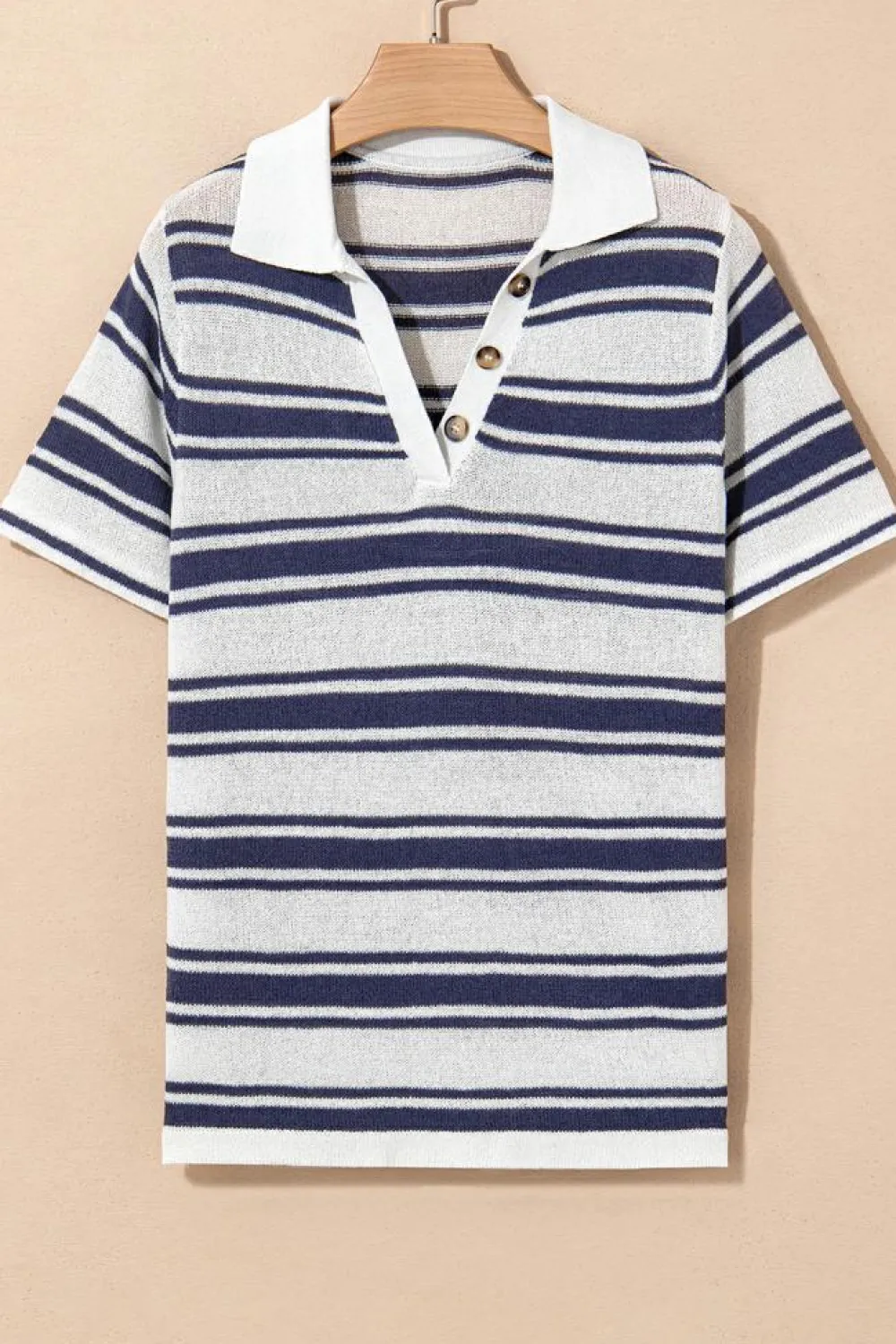 Hot Dear-Lover Stripe Collared Button V Neck Knitted T Shirt Dark Blue