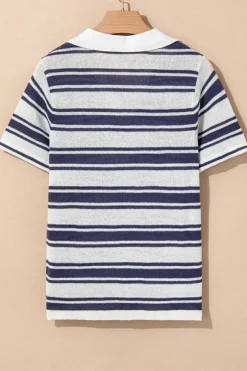 Hot Dear-Lover Stripe Collared Button V Neck Knitted T Shirt Dark Blue
