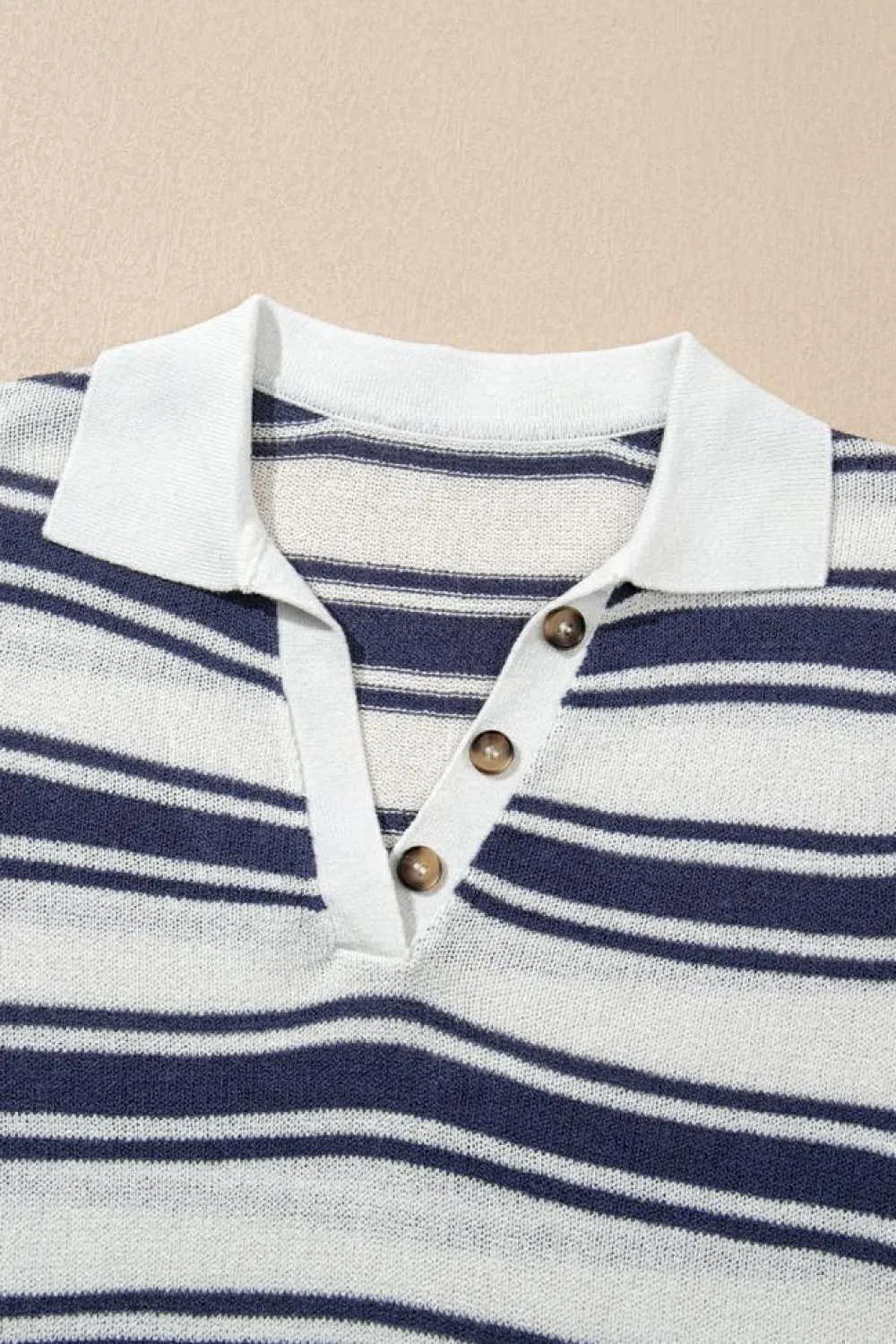 Hot Dear-Lover Stripe Collared Button V Neck Knitted T Shirt Dark Blue