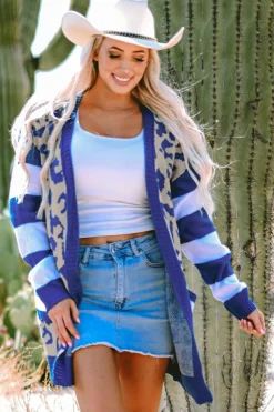 Hot Dear-Lover Stripe Sleeve Leopard Print Open Front Cardigan With Pockets Dark Blue