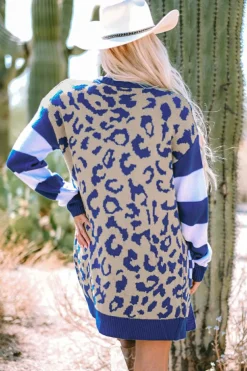 Hot Dear-Lover Stripe Sleeve Leopard Print Open Front Cardigan With Pockets Dark Blue
