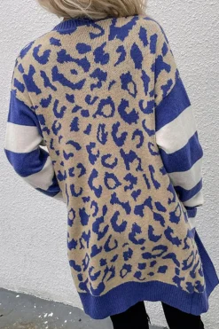 Hot Dear-Lover Stripe Sleeve Leopard Print Open Front Cardigan With Pockets Dark Blue