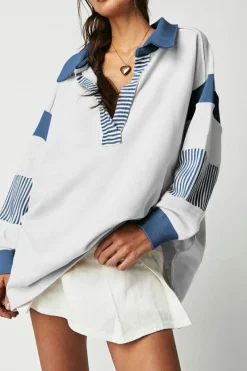 Outlet Dear-Lover Striped Colorblock Patchwork Collar Sweatshirt Dark Blue