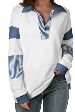 Outlet Dear-Lover Striped Colorblock Patchwork Collar Sweatshirt Dark Blue
