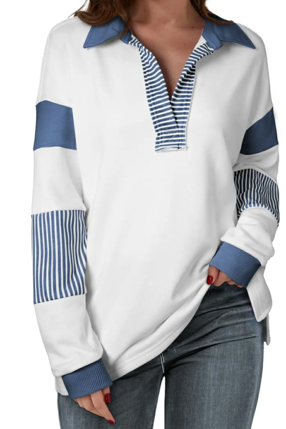 Outlet Dear-Lover Striped Colorblock Patchwork Collar Sweatshirt Dark Blue