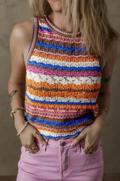 Hot Dear-Lover Striped Textured Knit Crew Neck Sweater Vest Dark Blue