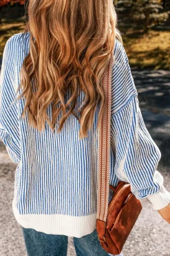 Outlet Dear-Lover Striped Textured Knit Contrast Edge Loose Sweater Dark Blue
