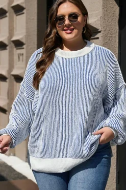 Outlet Dear-Lover Striped Textured Knit Contrast Edge Loose Sweater Dark Blue