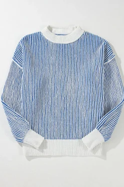 Outlet Dear-Lover Striped Textured Knit Contrast Edge Loose Sweater Dark Blue