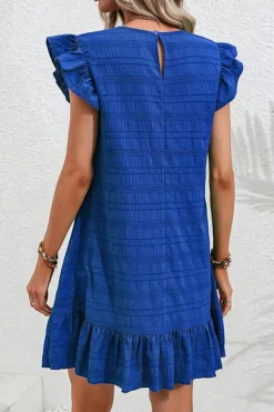 Hot Dear-Lover Textured Flutter Sleeve Ruffled Mini Dress Dark Blue