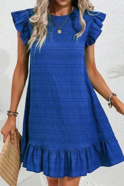 Hot Dear-Lover Textured Flutter Sleeve Ruffled Mini Dress Dark Blue