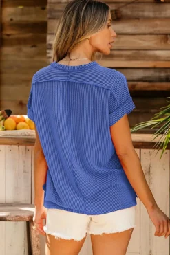 Discount Dear-Lover Textured Knit Exposed Stitching T-shirt Dark Blue