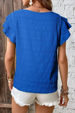 Clearance Dear-Lover Textured Ruffled Sleeve Round Neck Top Dark Blue