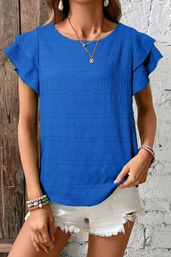 Clearance Dear-Lover Textured Ruffled Sleeve Round Neck Top Dark Blue