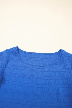 Clearance Dear-Lover Textured Ruffled Sleeve Round Neck Top Dark Blue