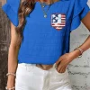Discount Dear-Lover Textured Sequin Stars and Stripes Patched Ruffled Short Sleeve Blouse Dark Blue