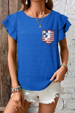 Discount Dear-Lover Textured Sequin Stars and Stripes Patched Ruffled Short Sleeve Blouse Dark Blue