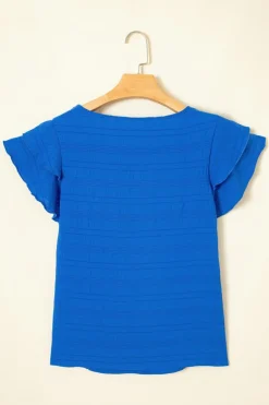 Discount Dear-Lover Textured Sequin Stars and Stripes Patched Ruffled Short Sleeve Blouse Dark Blue