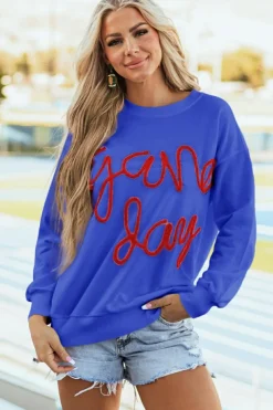New Dear-Lover Tinsel Game Day Drop Shoulder Graphic Sweatshirt Dark Blue