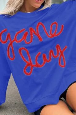 New Dear-Lover Tinsel Game Day Drop Shoulder Graphic Sweatshirt Dark Blue