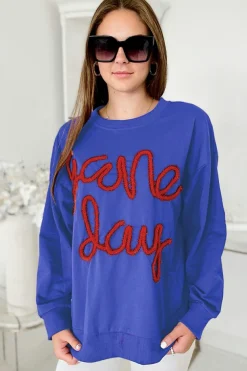 New Dear-Lover Tinsel Game Day Drop Shoulder Graphic Sweatshirt Dark Blue
