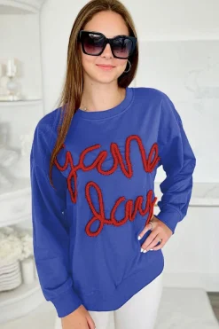 New Dear-Lover Tinsel Game Day Drop Shoulder Graphic Sweatshirt Dark Blue