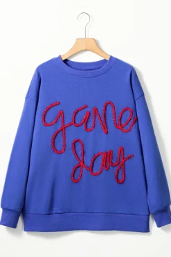 New Dear-Lover Tinsel Game Day Drop Shoulder Graphic Sweatshirt Dark Blue