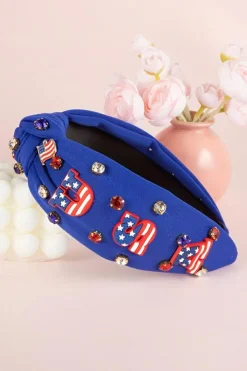 Hot Dear-Lover USA Flag Gemstone Decor Knotted Wide Headband Dark Blue