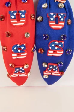 Hot Dear-Lover USA Flag Gemstone Decor Knotted Wide Headband Dark Blue