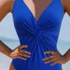 Hot Dear-Lover V Neck Twist Ruched Crisscross Backless One-Piece Swimsuit Dark Blue