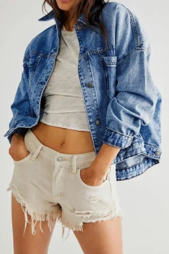 Clearance Dear-Lover Washed Oversize Pocketed Denim Jacket Dark Blue