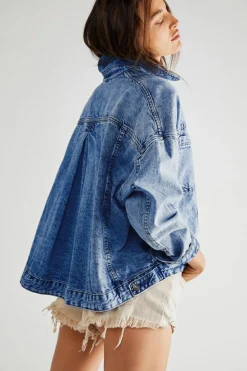 Clearance Dear-Lover Washed Oversize Pocketed Denim Jacket Dark Blue