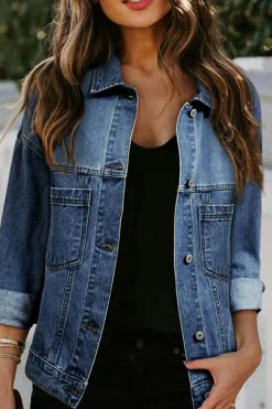 Clearance Dear-Lover Washed Oversize Pocketed Denim Jacket Dark Blue