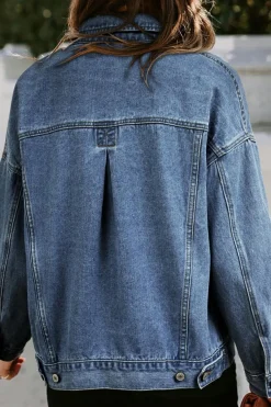Clearance Dear-Lover Washed Oversize Pocketed Denim Jacket Dark Blue
