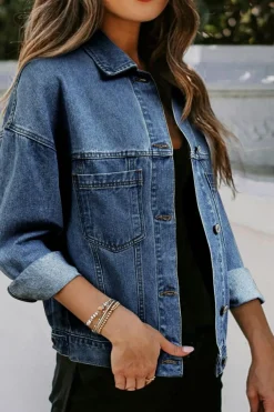 Clearance Dear-Lover Washed Oversize Pocketed Denim Jacket Dark Blue