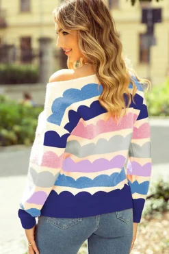 Clearance Dear-Lover Wave Striped Balloon Sleeve Drop Shoulder Sweater Dark Blue