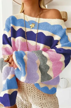 Clearance Dear-Lover Wave Striped Balloon Sleeve Drop Shoulder Sweater Dark Blue