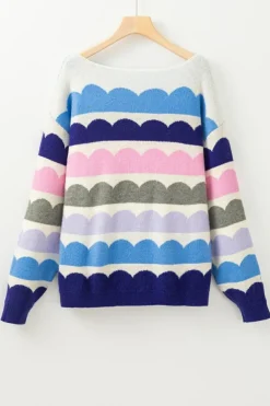 Clearance Dear-Lover Wave Striped Balloon Sleeve Drop Shoulder Sweater Dark Blue