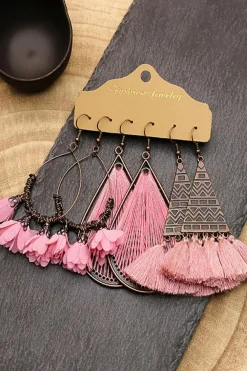Best Dear-Lover 3 Pairs Boho Floral Tasseled Geometric Dangle Earrings Set Dark Brown
