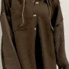 Online Dear-Lover Button Up Contrast Knitted Sleeves Hooded Jacket Dark Brown