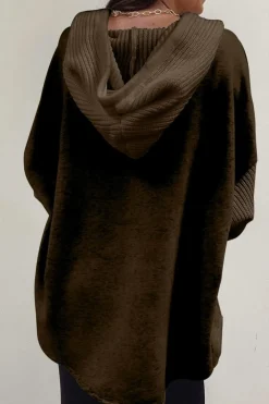 Online Dear-Lover Button Up Contrast Knitted Sleeves Hooded Jacket Dark Brown