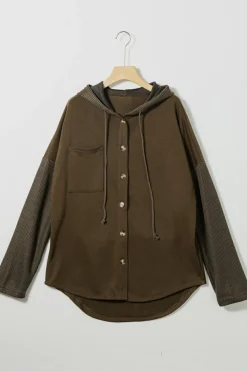 Online Dear-Lover Button Up Contrast Knitted Sleeves Hooded Jacket Dark Brown
