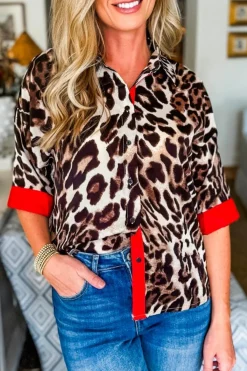 Discount Dear-Lover Contrast Trim Patchwork Leopard Print Half Sleeve Shirt Dark Brown
