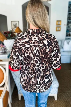 Discount Dear-Lover Contrast Trim Patchwork Leopard Print Half Sleeve Shirt Dark Brown