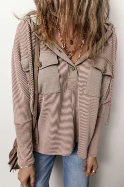 Sale Dear-Lover Flap Pocket Patchwork Corded Drawstring Hoodie Dark Brown