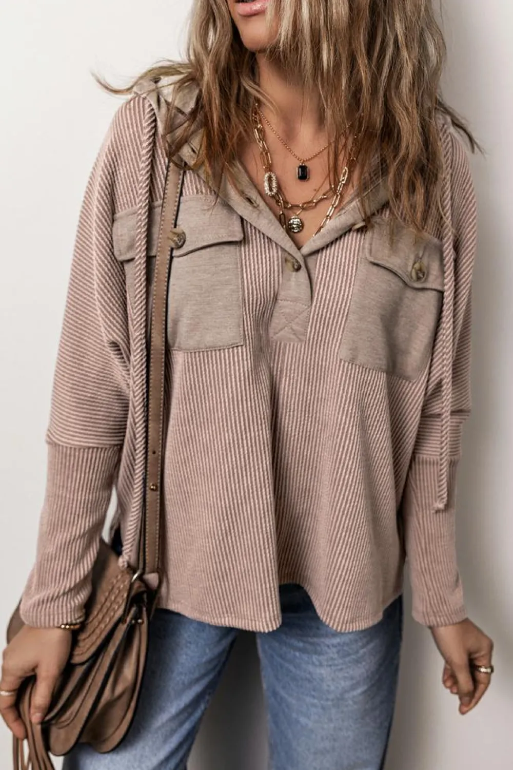 Sale Dear-Lover Flap Pocket Patchwork Corded Drawstring Hoodie Dark Brown